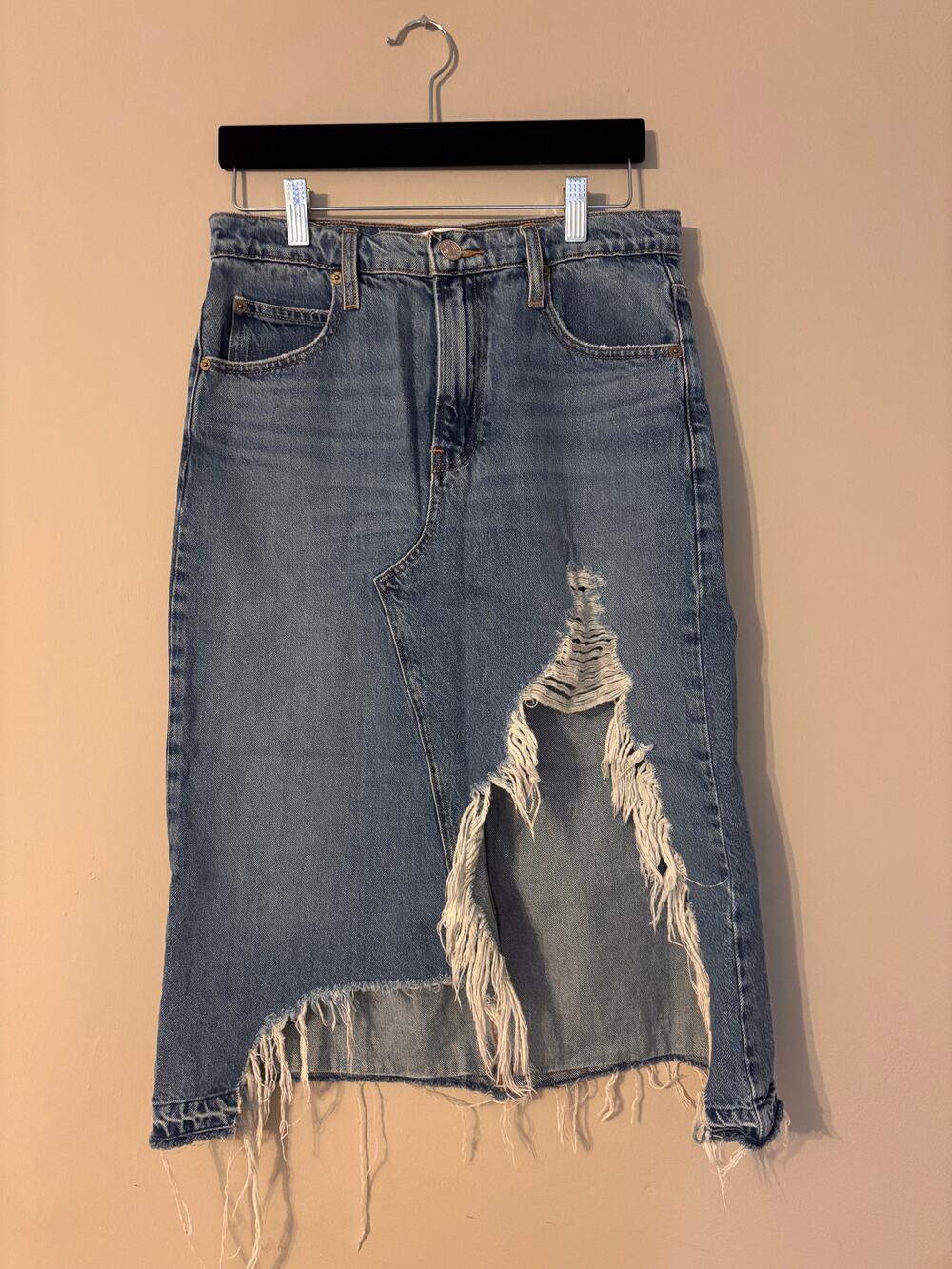 FRAME Distressed Frayed Denim Midi Skirt Size 27